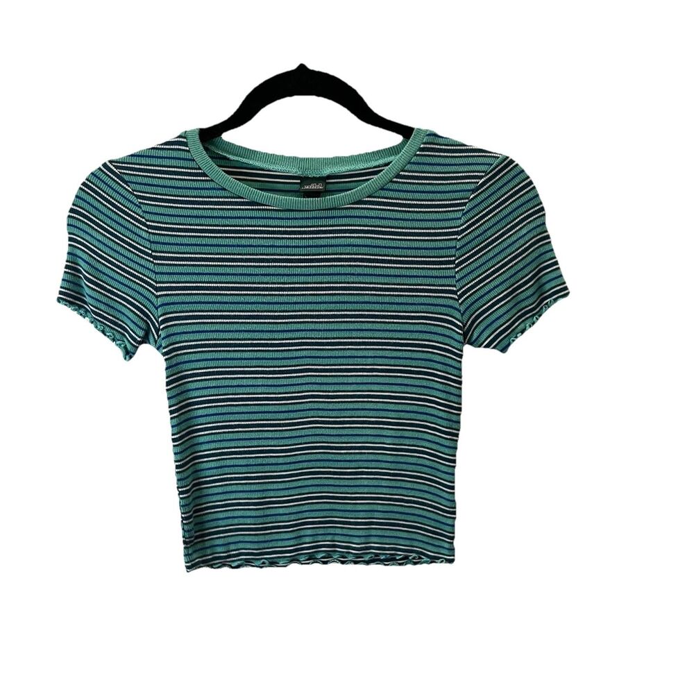 Wild Fable Striped Teal Green Lettuce Hem Short Sleeve Crop Top Womens Size XS